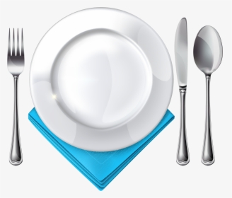 Plate Spoon Knife Fork And Blue Napkin Png Clipart - Plate Spoon And Fork, Transparent Png, Transparent PNG