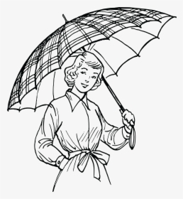 Free Clipart Of A Retro Black And White Woman With - Lady With Umbrella Drawing, HD Png Download, Transparent PNG