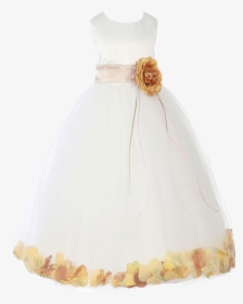 Champagne Satin & Tulle Flower Petal Dress W Sash - Gown, HD Png Download, Transparent PNG