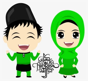 Cartoon Raya Aidilfitri Green Hijab Cartoon - Eid Mubarak Cartoon Png, Transparent Png, Transparent PNG