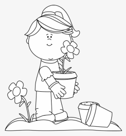 Black And White Flower Pot Clipart Vector Library Stock - Planting Flowers Clipart Black And White, HD Png Download, Transparent PNG