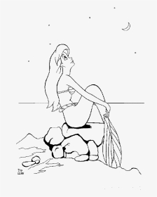 Picture Library Library Mermaid Sitting On A Rock Drawing - Line Art, HD Png Download, Transparent PNG