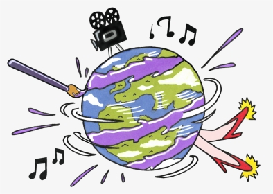 A Spinning World With Music Notes, A Film Camera And, HD Png Download, Transparent PNG