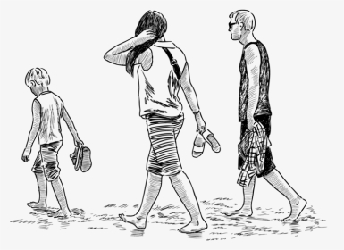 旅游的一家人 - Family Walking On Beach Drawing, HD Png Download, Transparent PNG