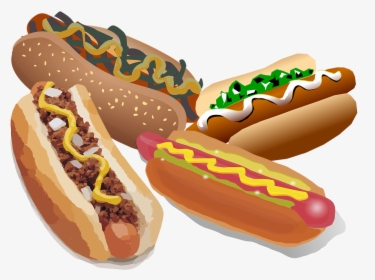 A Drawing Of Four Cartoon Hot Dogs In Bunswith Different - Chili Dog Clip Art, HD Png Download, Transparent PNG