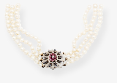 Vintage 3-strand Pearl Necklace With Ruby, Diamond - Necklace, HD Png Download, Transparent PNG
