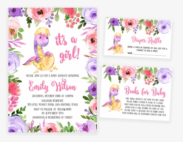 Purple And Pink Dinosaur Baby Shower Invitation Pack - Dinosaur Baby Shower Purple, HD Png Download, Transparent PNG