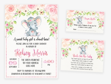 Blush Pink Floral Elephant Baby Shower Invitation Pack - Blush Pink Floral Elephant Baby Shower Invitations, HD Png Download, Transparent PNG