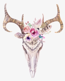 Boho Skull With Antlers Png - Canvas Deer Skull Painting, Transparent Png, Transparent PNG