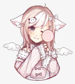 Anime Pastelgirl Pastel Girl Candy Neko Wings Pink - Anime Girl With Cat Ears Drawing, HD Png Download, Transparent PNG