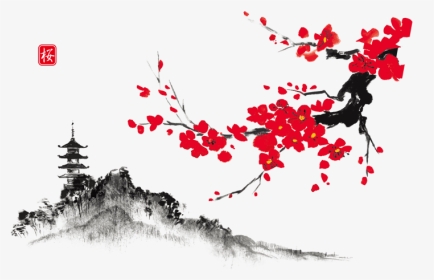 手绘绿叶红花 - Traditional Japanese Landscape Drawing, HD Png Download, Transparent PNG