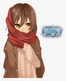 Anime Girl With Brown Hair With Scarf, HD Png Download, Transparent PNG