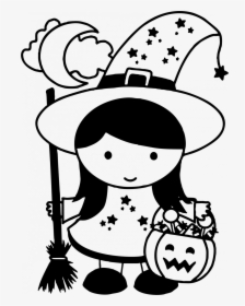 Witch Drawing Girl Cute Anime Hat And Broom Books - Halloween Black And White, HD Png Download, Transparent PNG