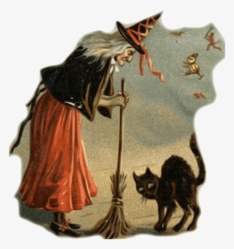 Witch Black Cat Broom Free Picture - Witches And Cats, HD Png Download, Transparent PNG