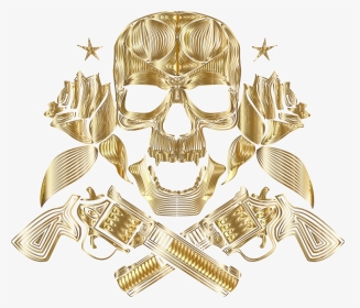 Flowers And Firearms Skull Line Art Gold No Bg - Emblem, HD Png Download, Transparent PNG