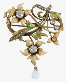 Art Nouveau 14k Yellow Gold Diamond, Opal, And Enamel - Art Nouveau Floral Jewelry, HD Png Download, Transparent PNG