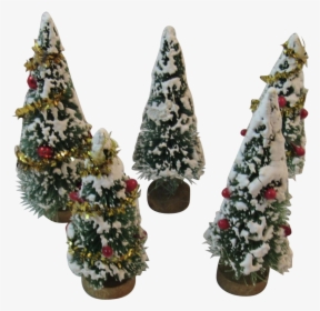 5 Flocked Bottle Brush Trees Tinsel Berries And Mercury - Christmas Tree, HD Png Download, Transparent PNG