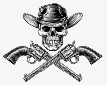 Skull Cowboy In Hat And A Pair Of Crossed Gun Revolver - Cowboy With Gun Drawing, HD Png Download, Transparent PNG