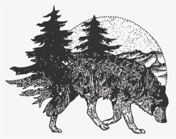 T-shirt Tattoo Vector Wolf Forest Free Frame Clipart - Drawing Wolf And Forest, HD Png Download, Transparent PNG
