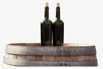 Two Green Wine Bottles Sitting On Barrell At Grapevine - Wine Bottle, HD Png Download, Transparent PNG