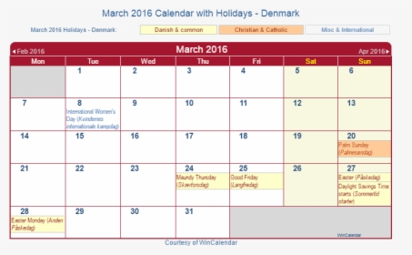 March 2016 Calendar With Dnk Holidays - Calendario 2020 Peru Con Feriados, HD Png Download, Transparent PNG