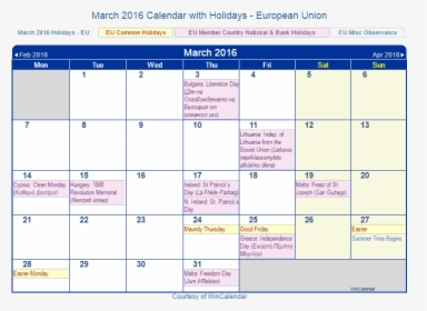March 2016 Calendar With Eu Holidays - March 2021 Calendar With Holidays, HD Png Download, Transparent PNG