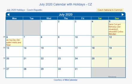 July 2020 Calendar With Cz Holidays - February Calendar 2020 With Holidays, HD Png Download, Transparent PNG