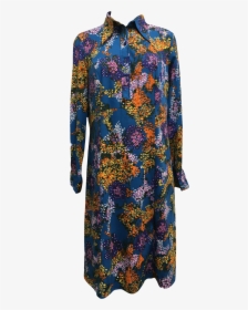 70 S Blue And Multicolor Floral Print Collared Midi - Day Dress, HD Png Download, Transparent PNG