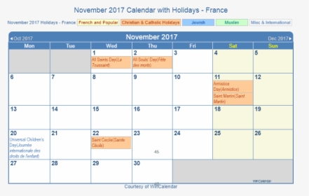 November 2017 Calendar With Fra Holidays - French Calendar 2017 November, HD Png Download, Transparent PNG