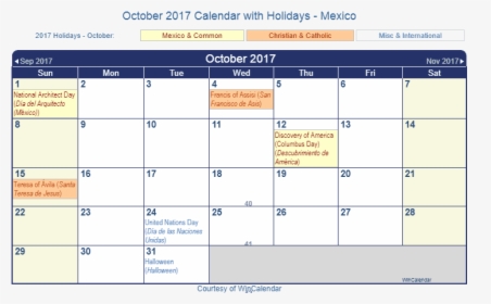 Print Friendly October 2017 Mexico Calendar For Printing - Spanish Holidays In June, HD Png Download, Transparent PNG