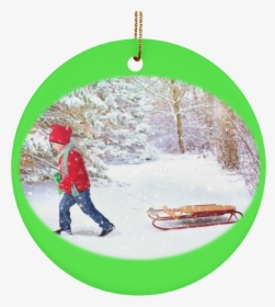 Winter Scene Child And Sleigh Ceramic Christmas Ornament - Merry Christmas With Vacuum Cleaner, HD Png Download, Transparent PNG