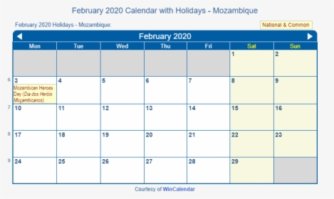 February 2020 Calendar With Mozambique Holidays - August 2019 Calendar With Holidays Singapore, HD Png Download, Transparent PNG