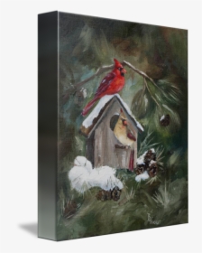 Cardinals On Snow Covered Birdhouse By Brenda Thour - Postal Navideña Con Cardenales, HD Png Download, Transparent PNG