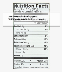 365 Everyday Value, Organic Traditional Baked Beans, - Nutrition Facts, HD Png Download, Transparent PNG