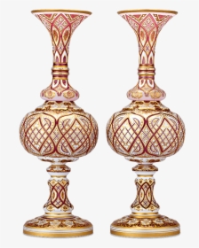 Pair Of Cranberry And Gold Bohemian Glass Overlay Vases - Antique, HD Png Download, Transparent PNG