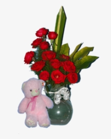 Pink Teddy With Red Roses - Bouquet, HD Png Download, Transparent PNG