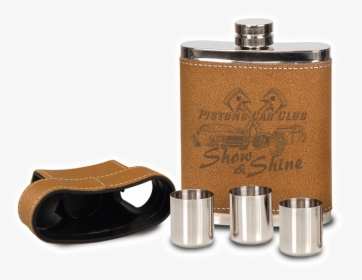 Leather Flask With Lid & 3 Shot Glasses - Hip Flask, HD Png Download, Transparent PNG