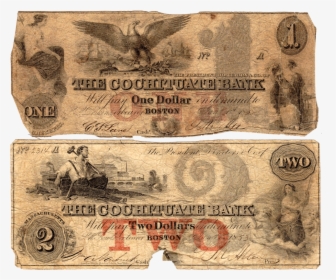 Pair Of 1850s $1 & $2 Cochituate Bank Of Boston, Ma - Banknote, HD Png Download, Transparent PNG