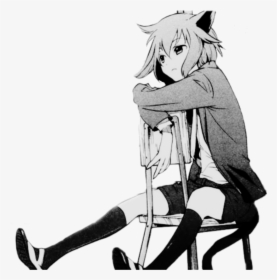 Sad Neko Animegirl Chair Cattail Catears Freetoedit - Anime Neko Black And White, HD Png Download, Transparent PNG