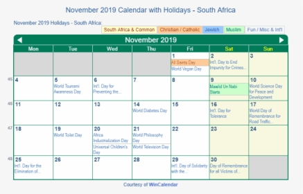 November 2019 Calendar With South Africa Holidays To - Catholic Calendar November 2019, HD Png Download, Transparent PNG