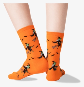 Women S Witch On A Broom Socks In Orange Front   Class - Orange, HD Png Download, Transparent PNG