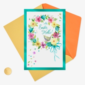 Bird And Spring Floral Wreath Easter Card - Greeting Card, HD Png Download, Transparent PNG