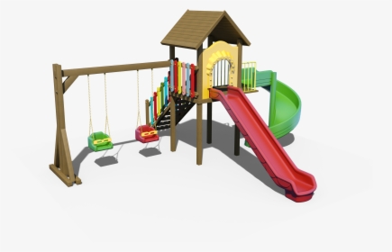 Wooden Outdoor Playground With 2 Slides And 2 Swings - Playground Slide, HD Png Download, Transparent PNG