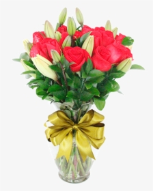 Florero Con 12 Rosas Rojas Y Lilis Blancas - Bouquet, HD Png Download, Transparent PNG