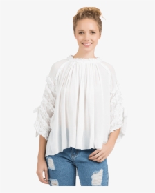 Women S High Low Gauze Top W/ruffle High Neck & Sleeve - Blouse, HD Png Download, Transparent PNG