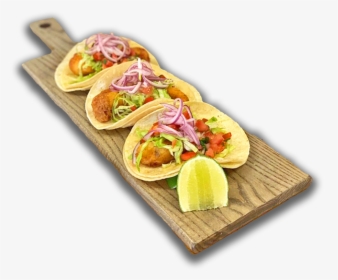 3 Fish Tacos On A Wooden Board, Topped With Pickled - Tamale, HD Png Download, Transparent PNG