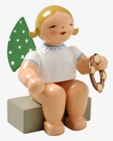 Angel Sitting With Tambourine - German Wooden Christmas Angels, HD Png Download, Transparent PNG