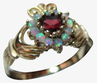 Pretty Vintage 9ct Solid Gold Opal Garnet Heart Shaped - Claddagh With Garnet And Opal, HD Png Download, Transparent PNG