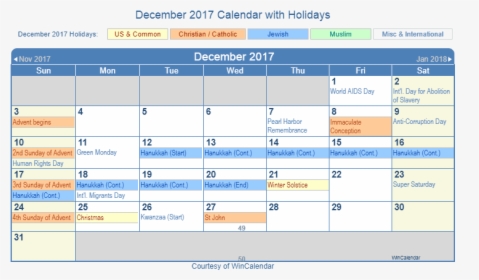 December 2017 Printable Calendar With Us Holidays Including - December Holiday Calendar 2017, HD Png Download, Transparent PNG