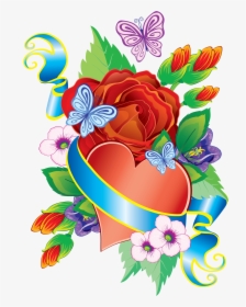 Heart And Flowers Png Decorative Element - Decorative Flowers And Hearts, Transparent Png, Transparent PNG
